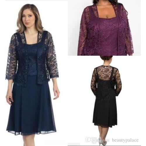 Sexy Navy Blue Mothers Lace mother of the bride dresses with Jacket Long Sleeves Knee-Length Plus Custom Evening Party Gowns