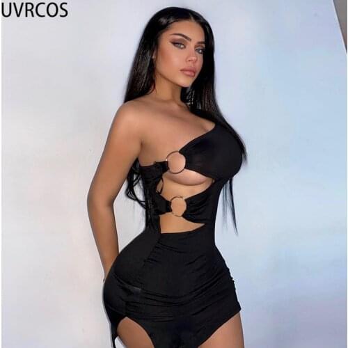 UVRCOS Women Clothing Summer Side Hollow Out Mini Dress 2021 Trendy Vogue Inclined Shoulder Sexy Half Open Collar Party Clubwear