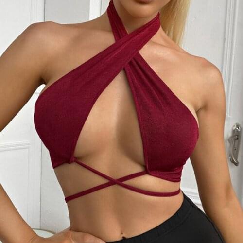 Puloru New Solid Color Criss-Cross Halter Neck Camis Sexy Women Hollow Out Sleeveless Crop Tops Summer Party Club Wrap Tube Top