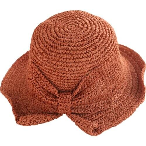 Handmade Weave 100%Raffia Bow Sun Hat Wide Brim Floppy Summer Hats For Women Beach Panama Straw Dome Bucket Hat Femme Shade Hat