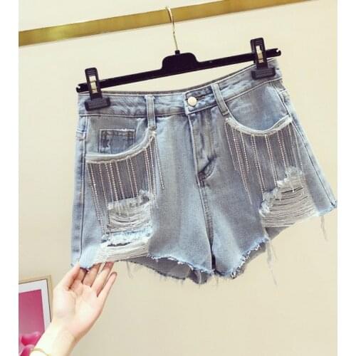 Ripped Jean Shorts Woman 2020 Summer Wear New Diamond Set Tassels Chain High Waist Denim Shorts Holes Hot Pants Shorts Femme