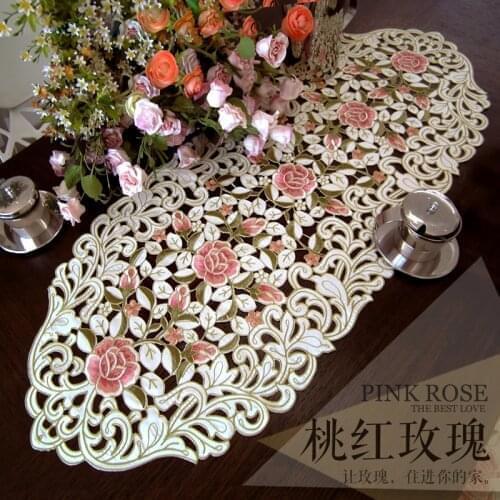 Pink Rose Elegant Embroidery Table Runner Pastoral Fabric Tea tablecloth, Luxury Table mat table Cover for decoration
