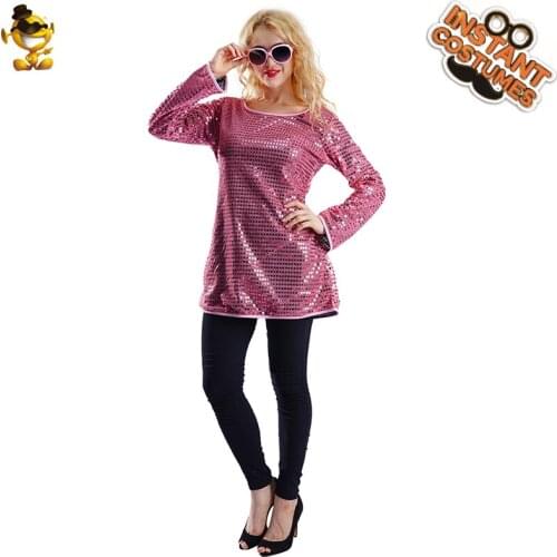 Adult Cosplay Hippie Costume 70s 80s Disco Dresses Pink Sequins Tunic Party Fancy Dress Up Carnival Dancer Costumes for Women