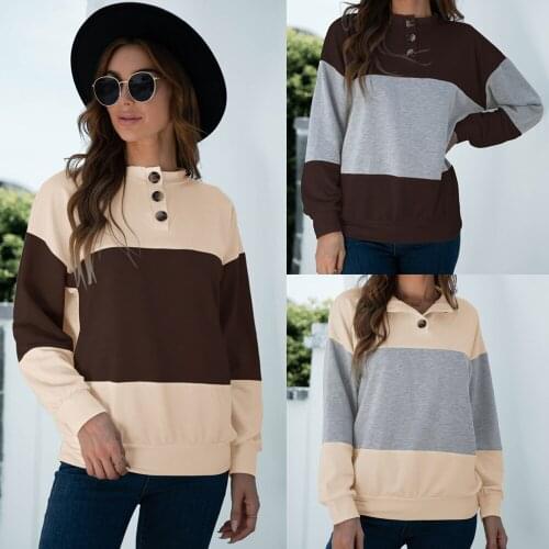Women T-Shirts Autumn 2021 Long Sleeve Patchwork Buttons Winter Casual Female BlouseTops Tees Pullovers Loose Style C2877