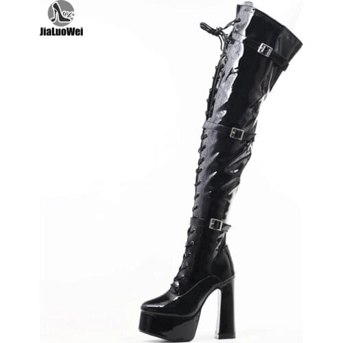 JIALUOWEI Gothic Women Lace Up Platform High Block Heel Punk Combat Thigh High Riding Boots