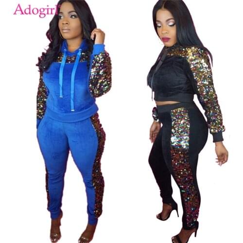 Adogirl Colorful Sequins Patchwork Velvet Women Tracksuit Long Sleeve Hooded Sweatshirts Top + Fitness Pants Casual 2 Piece Set