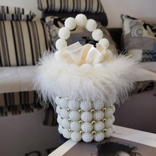 Mini Pearl Women Clutch With Chain Shoulder Ladies Bridal Wedding Party Evening Bags Fur Rabbit Wallets Handbags