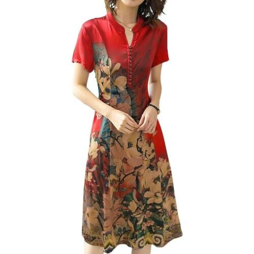 Women Red Flower Cheongsam Dress 2019 New Spring Summer Chinese Style Imitate Real Silk Print Fashion Elegant Vestidos 2XL HJ264