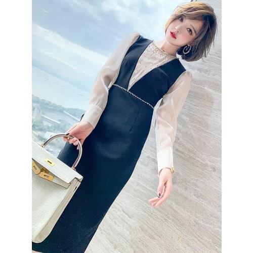 Contrast stitching pearl diamond dress for women 2021 spring new pattern
