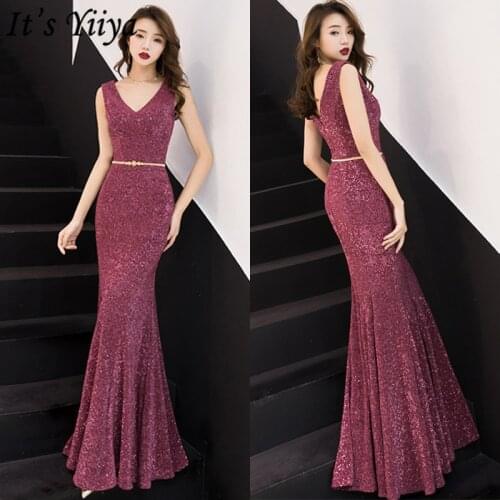 Its YiiYa Eveing Gowns V-Neck High-waist Sequined Tank Robe De Soiree K090 Mermaid Plus Size Zipper Sleeveless Formal Dress