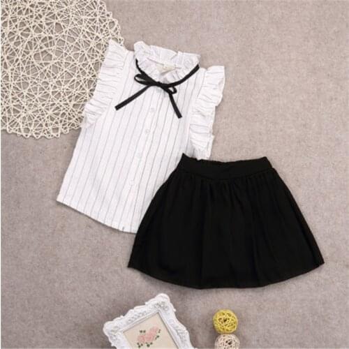 2021 Baby Girl Clothes Set Summer Kid Princess Outfit Ruffle Shirt+Tutu Skirt Button Striped Top Children Clothing Set