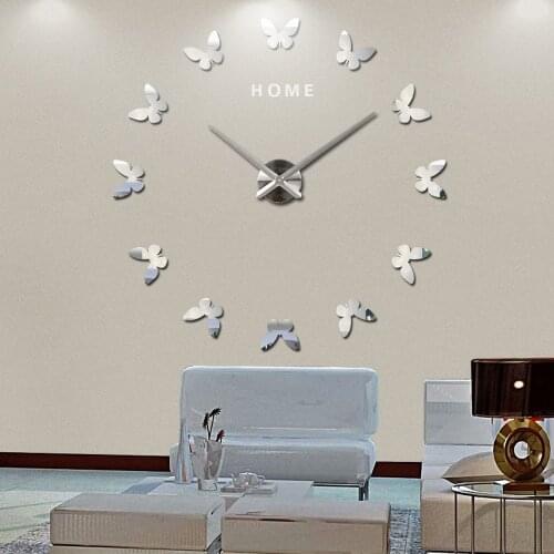 2021DIY Mirror Acrylic Butterfly Big Wall Clock Oversized 3D Wall Sticker Home Silent Clock Modern Design Decoration