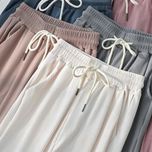 Summer Loose Casual Drape Ice Silk Ribbed Trousers For Women High Waist Maxi Wide Leg Pants Female Elegant Fashion Clothes New