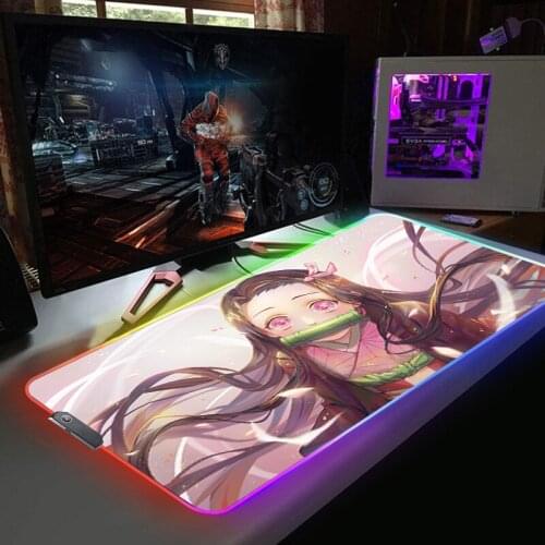 Anime Kimetsu No Yaiba RGB Gaming Pad Backlight Mousepad Company Desk Pc Mat LED Keyboard Mause With Cabinet Mats Carpet Deskpad