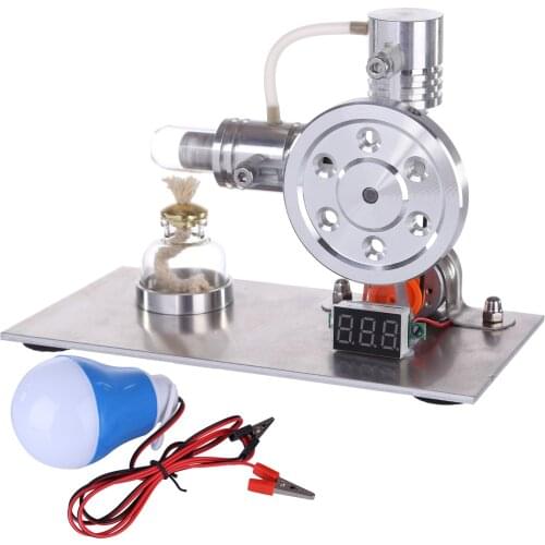 Custom L-Shaped Stirling Engine Model Science Experiment Educational Toy with Voltage Digital Display Meter and Bulb - Silver