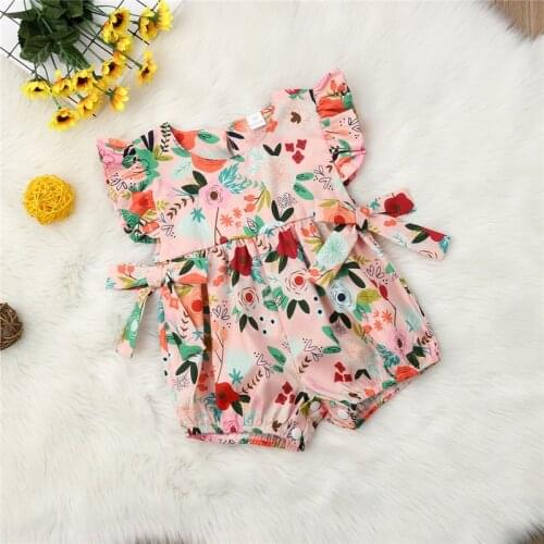 Newborn Toddler Baby Girls clothes Flower print Ruffle sleeveless bow Bodysuit round neck kids lovely Jumpsuit one pieces