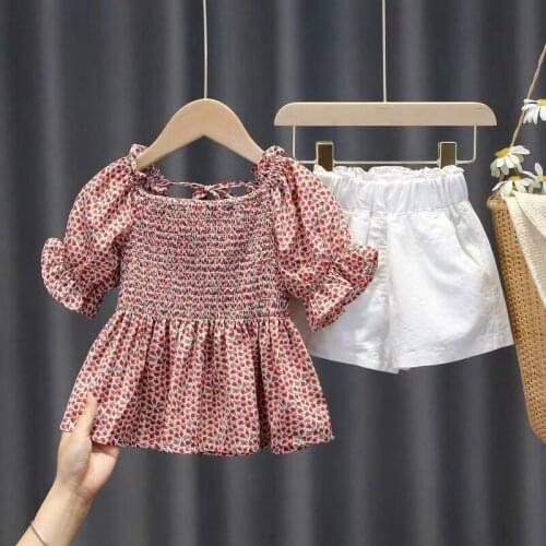 Baby Girls Summer Clothes Sets Short Puff Sleeve Floral Print Shirt Tops+White Shorts 2PCS Suits Kids Sweet Casual Outfits