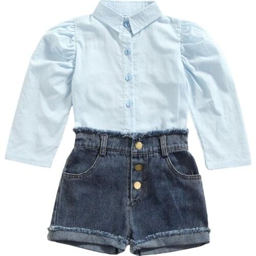 New Summer 1-7 Years Cotton + Denim 2 Pieces Kids Two-Piece Shirt + A-Line Skirt For Toddler Suit Set Skin-Friendly /Comfortable