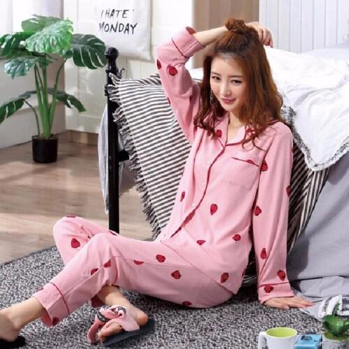 New Summer Pajamas for Women Cotton Long Sleeve Pajamas Set Leisure Ladies Sleepwear Cartoon Print Home Clothes Femme Nightwear