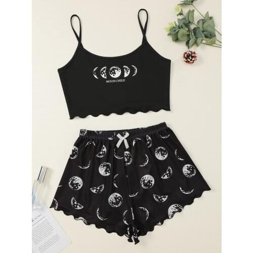 New Style Lady’s Summer Moon Child Print Camisole With Shorts Pajama Set Comfortable Home Wear Sleepwear Underwear