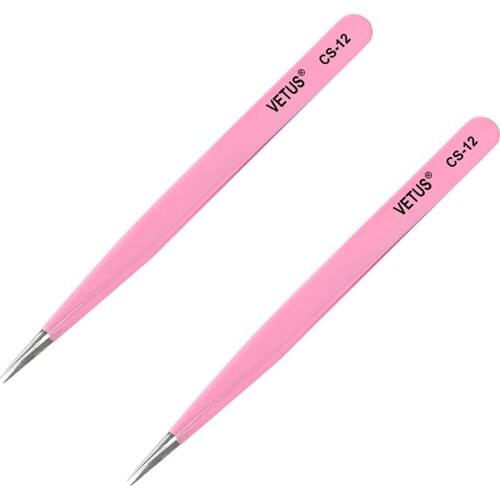 VETUS Stainless Steel Eyelash Tweezers Professional For Lashes Extension Pink Anti-static Eyebrow Tweezers