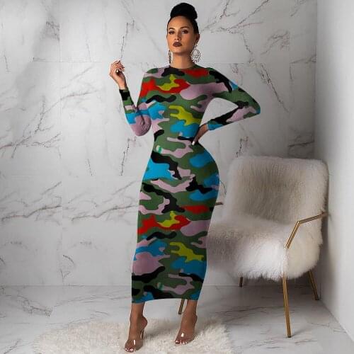 Echoine Autumn Spring Tie Dye Print Long Maxi Dress Women Zipper Sexy Skinny Party Elegant Dresses Club Outfits Streetwear