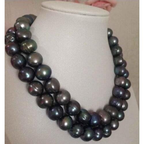 Stunning 12-13mm tahitian baroque black green pearl necklace18"19"