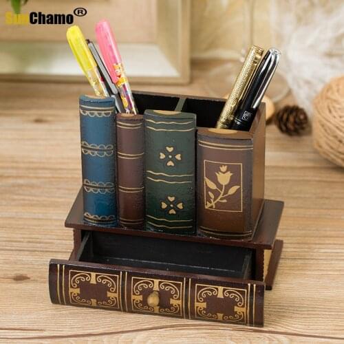 Retro Creative Solid Wood Wooden Pen Holder Decoration Home Office Study Desktop Decoration Storage Box Crafts