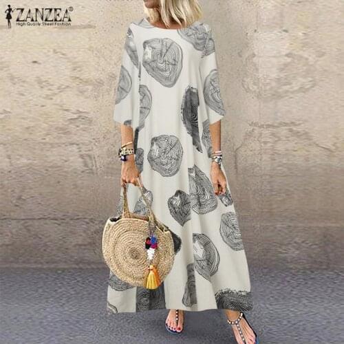 ZANZEA Printed Sundress Women Autumn Cotton Linen Dress Vintage O neck 3/4 Sleeve Kaftan Vestido Loose Dresses Femme 7