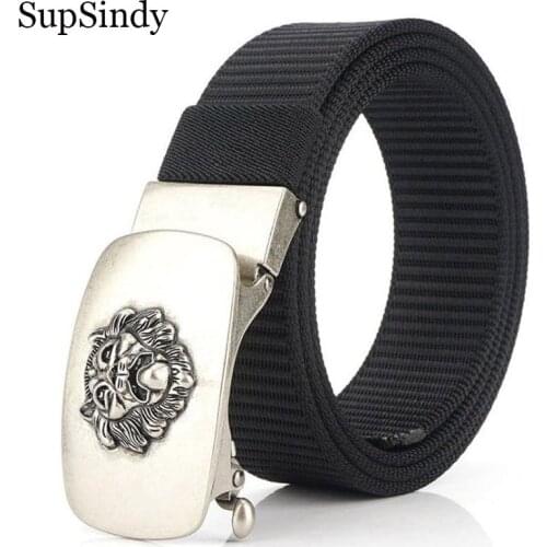 SupSindy New man nylon belt luxury Lion metal automatic buckle Canvas Belts for men fashion jeans belt outdoor casual male strap