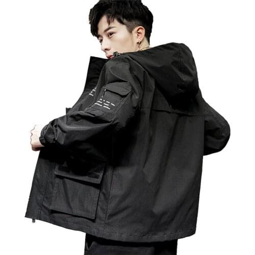 Spring 2020 new mens hooded jacket coat solid color casual fashion letter printed coat simple zipper loose long sleeve jacket