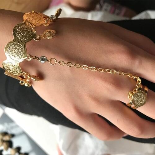 Wando Gold Color Arab Zircon Coin Bangle for Kids Children Middle Eastern Gifts Baby Coin Bracelet With Free Size Ring Jewelry