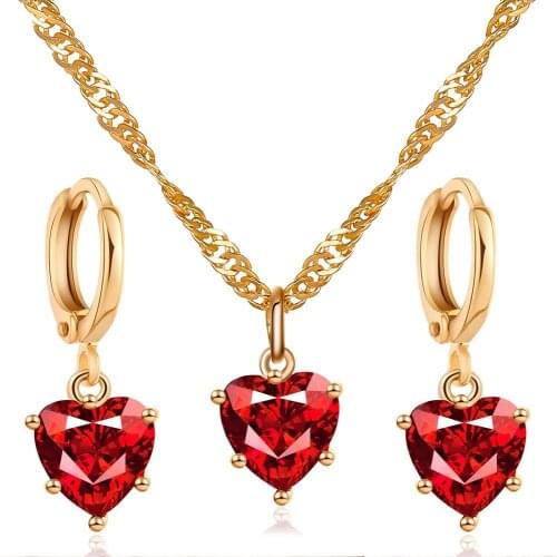 YWZIXLN 2020 Fashion Jewelry Luxury Gold Color Red Crystal Heart Pendant Necklace Earrings Jewelry Sets S005