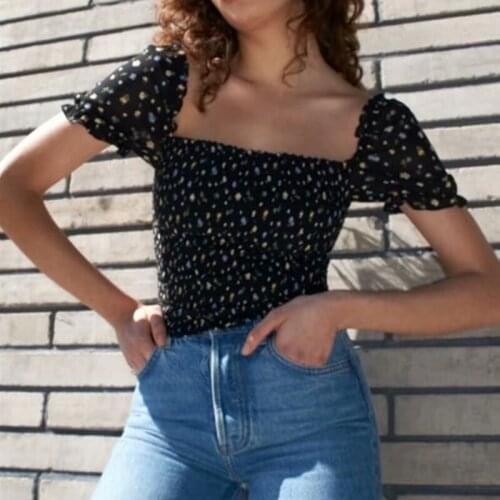 2020 Summer Fashion Blouse Women Vintage Chiffon Floral Print Puff Short Sleeve Crop Tops Shirt Square Collar Exposed Navel Tee