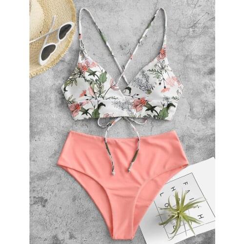 TELOTUNY Womens swimsuits 2021 New Summer Bikini Set Women High Waist Two Piece Flower print split Swimwear Plus Size Beachwear