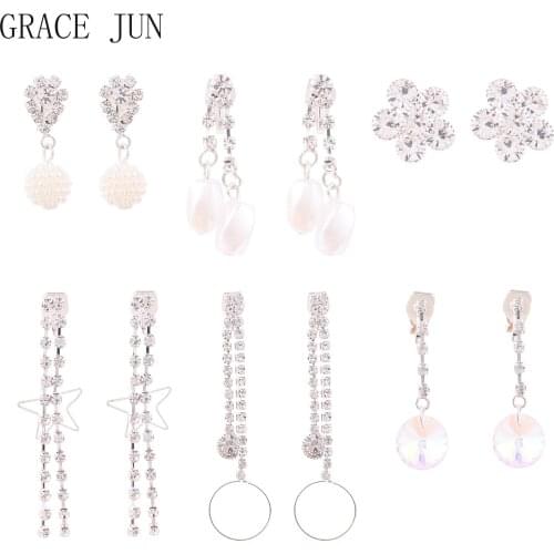 GRACE JUN Fashion Jewelry Rhinestone Long Tassel Earrings Clip on Earrings No Piercing Earrings for Women Girl Ear Clip 2021 New