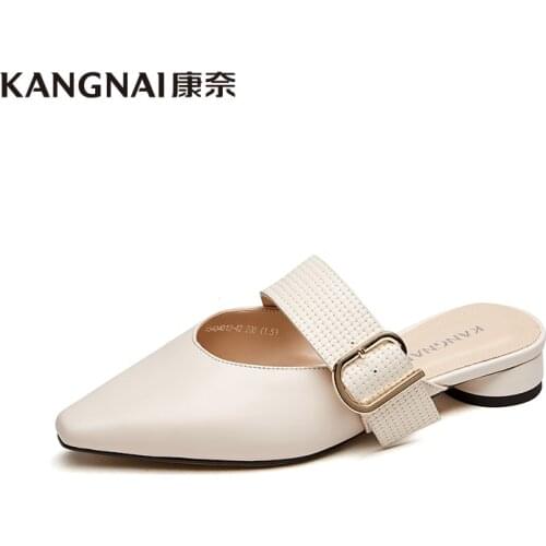 KANGNAI Women Flat Shoes Pointed Toe Genuine Leather Slip-On Buckle Band Metal Decoration Office Lady Mules Summer