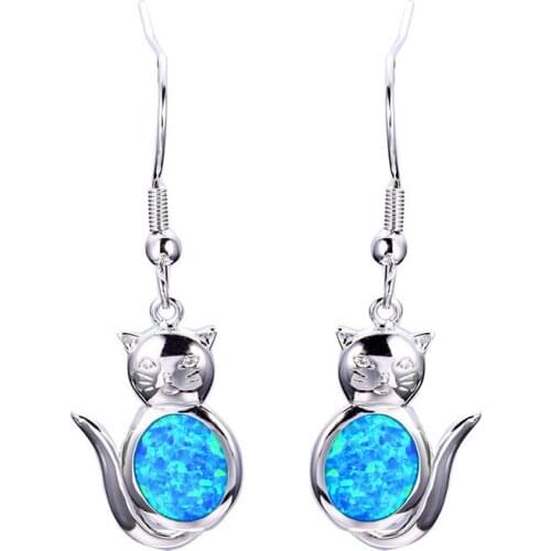 Female Cute Cat Drop Earrings Blue White Opal Animal Dangle Earrings For Women Wedding Jewelry Silver Color Long Hook Earrings