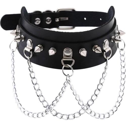 GothMetal Chain Choker Rivet Necklace for Women Harajuku Party Club Black Pu Leather Chockers Sexy Gothic Punk Jewelry