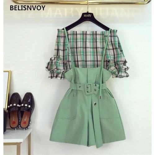 Women Off Shoulder Slash Neck Plaid Blouse Shirt+green Pocket Sashes Suspender Shorts Set 2021 Summer 2 Piece Pant Set Overralls