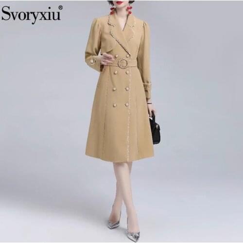 Svoryxiu Fashion Autumn Women Khaki Windbreaker Coat Solid Lapel Sashes Slim Long Sleeve Edging Beaded Long Section Overcoat