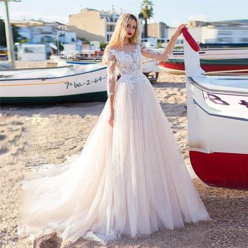 New Arrival Summer Beach Long Sleeves Wedding Dresses A-line Lace Sweep Train Bride Dress 2021 Vestidos De Fiesta