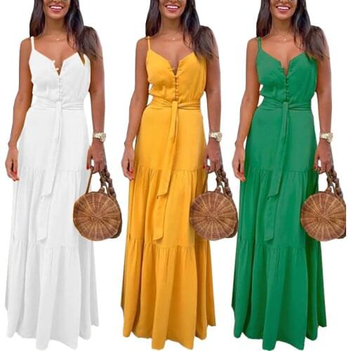 2021 Solid Color Dress Women Casual Vestidos Design Buttons Sleeveless Dress Sundress Elegant V Neck Pacthwork Clothing Tank