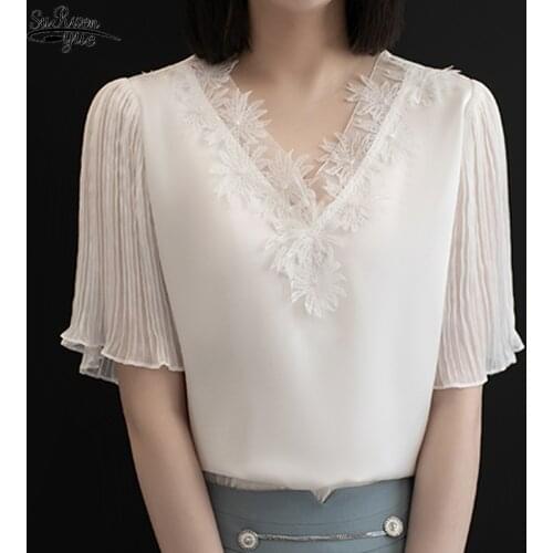 Summer Gentle Temperament Lady Shirts Fashion V-neck Lace Female Chiffon Shirt Short-sleeved Women Blouses Chemisier Femme 15544