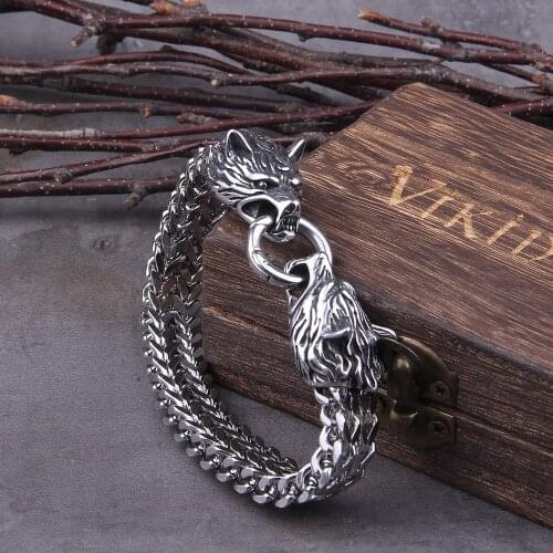 Never Fade Rock Viking Wolf Charm Bracelet Mens Stainless Steel Mesh Chain Gold Wolf Punk Bracelets Biker Jewelry