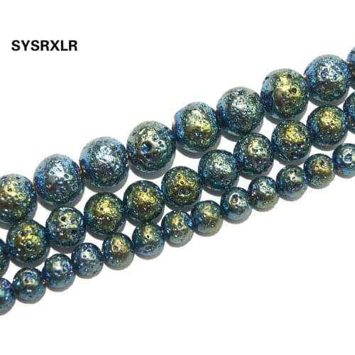 Free Shipping Natural Stone Electroplated Green Volcanic Lava Round Loose Beads For Jewelry Making Charm DIY Bracelet 6/8/10 MM