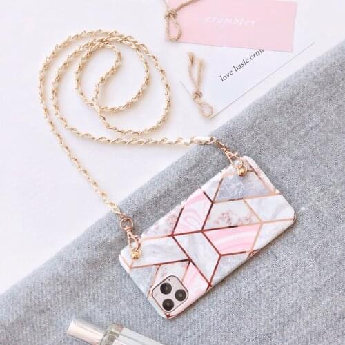 Pink Lattice Marble Granite Crossbody Case Cover For iPhone 11 12 PRO XS MAX XR X 8 7 plus cover with long shoulder strap Chain