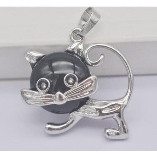 Black Carnelian Stone GEM Pendant Lovely Cat Animal Jewelry For Woman Gift S3237