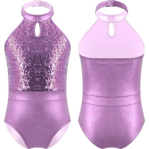 Kids Girls Dance Wear Sleeveless Sparkling Sequins Backless Ballet Dance Gymnastics Leotard Jumpsuit Ballerina Party Costumes