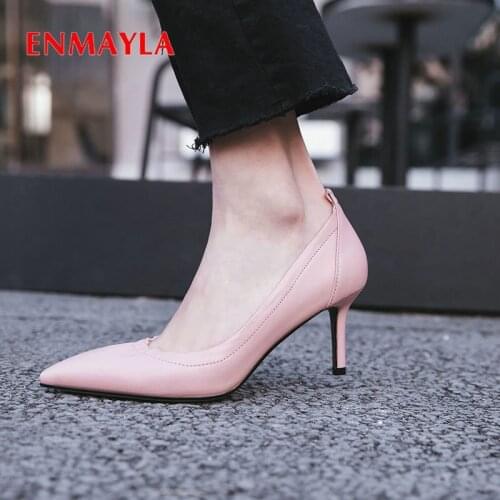 ENMAYLA 2020 Party Slip-On Sexy Pointed Toe Shoes Woman Basic Thin Heels Genuine Leather Wedding Shoes Mature Women Pumps 34-39